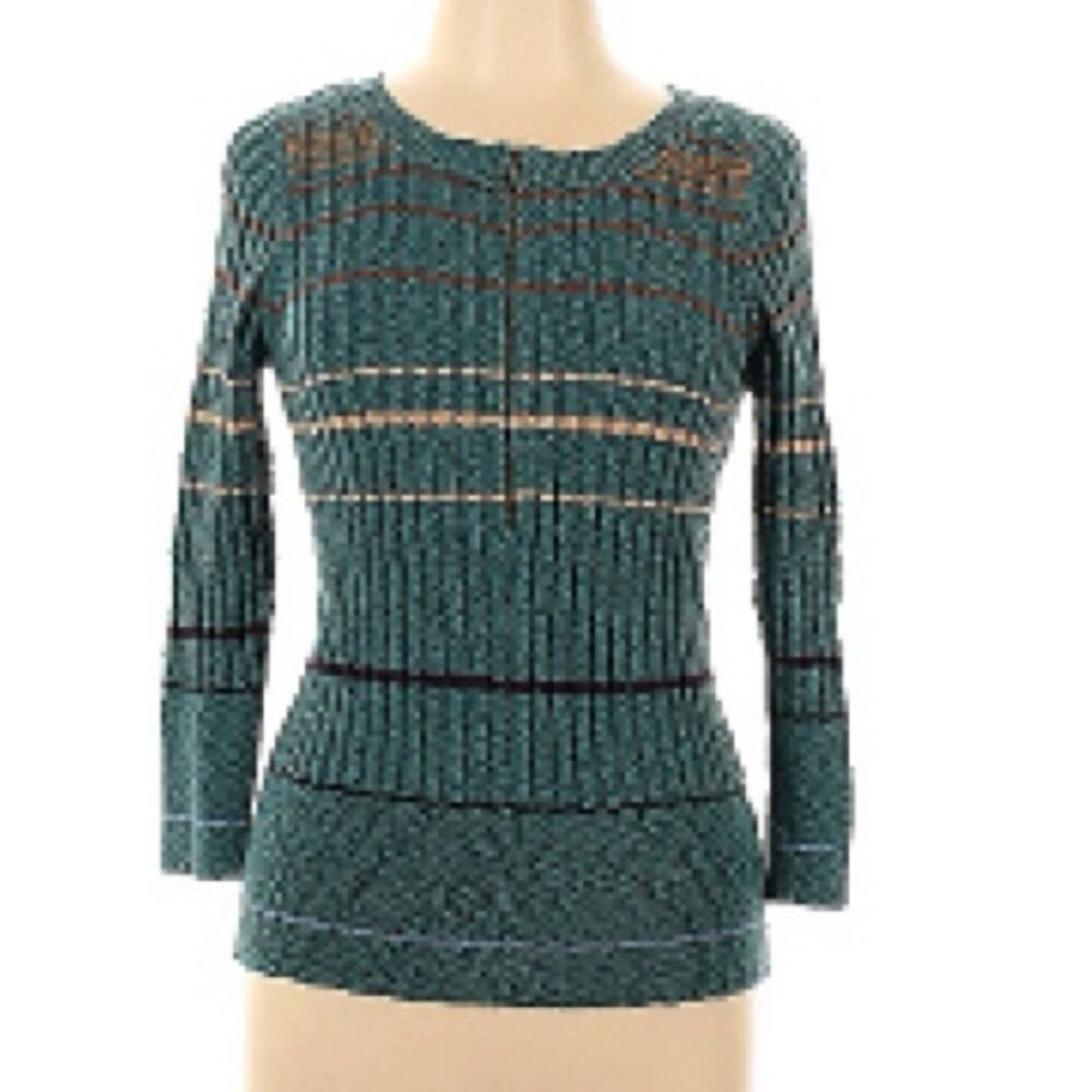 Free People Ribbed Green Striped Zip Front Crew Neck Sweater - Large